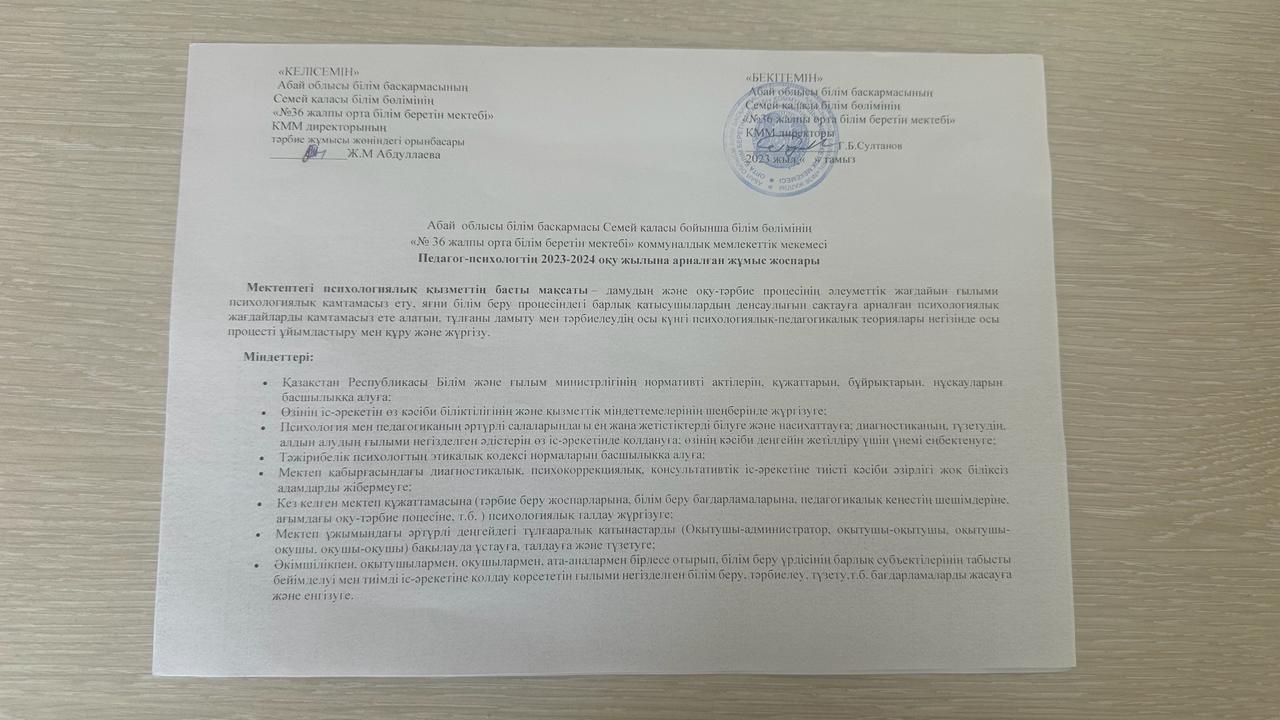 Педагог-психологтың 2023-2024 оқу жылына арналған жұмыс жоспары